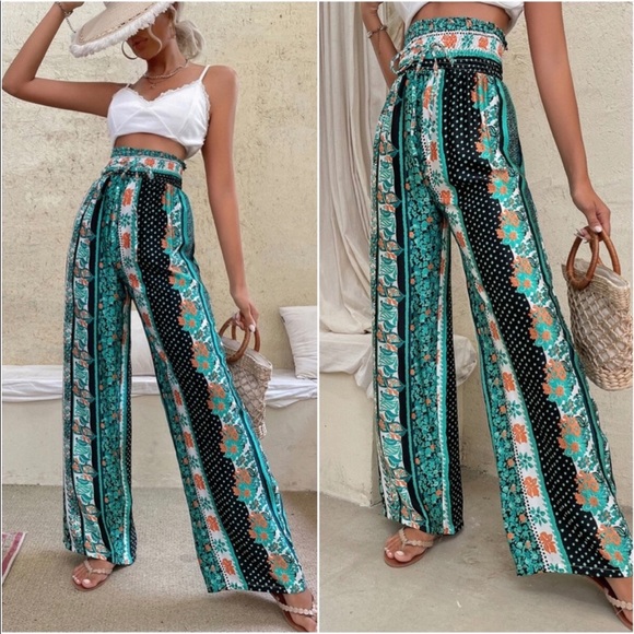 Boho Paisley Floral Polka Dot Print High Waist Rise Palazzo Wide Leg Pants - Picture 5 of 11
